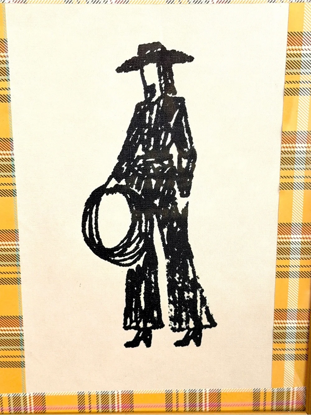 Cowgirl Line Drawing Rodeo Lasso Cowboy Hat Canvas Art Print Plaid Green Framed